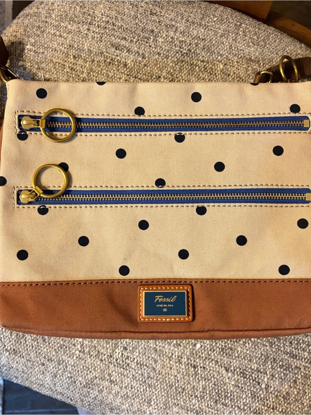 Fossil Polka Dot Cream and Brown Crossbody Bag Passport